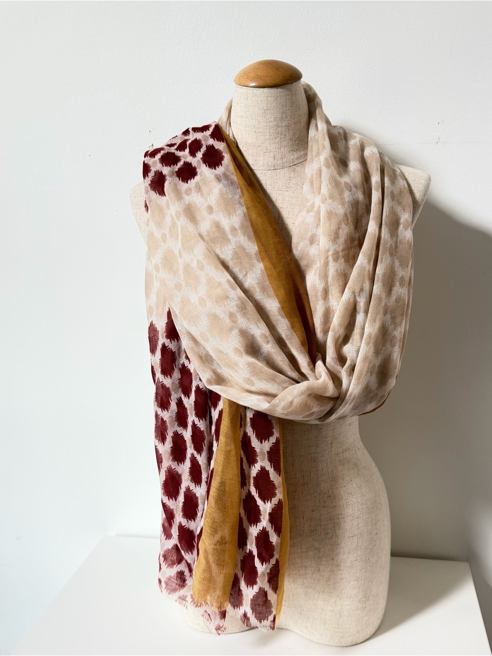 Light Beige and Burgundy Patterned Scarf with Mustard Accent